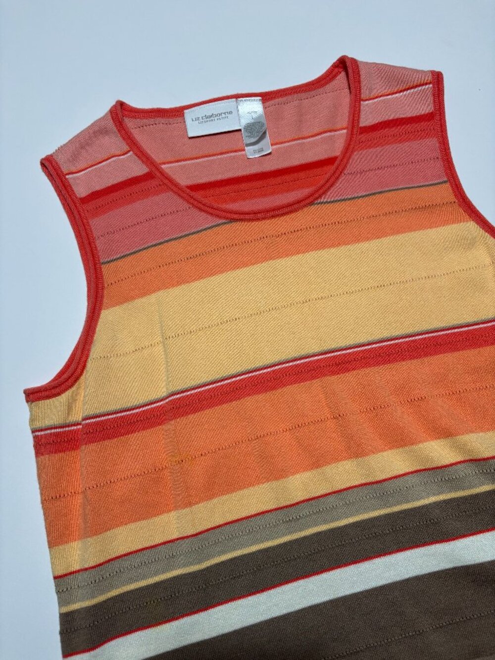 Liz Claiborne Pink Orange Yellow Ombre Stripe Beach Sunset Cotton Knit Tank Top